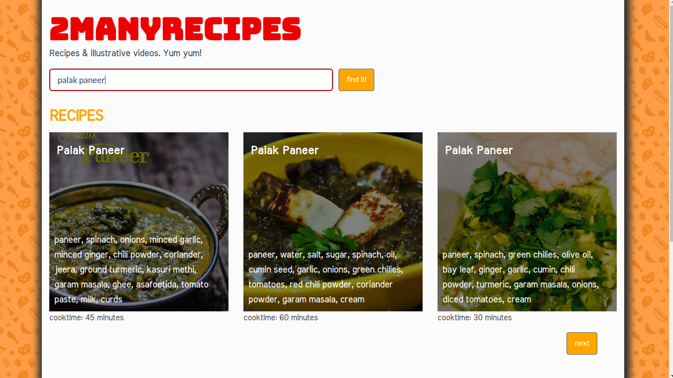 2ManyRecipes, app view